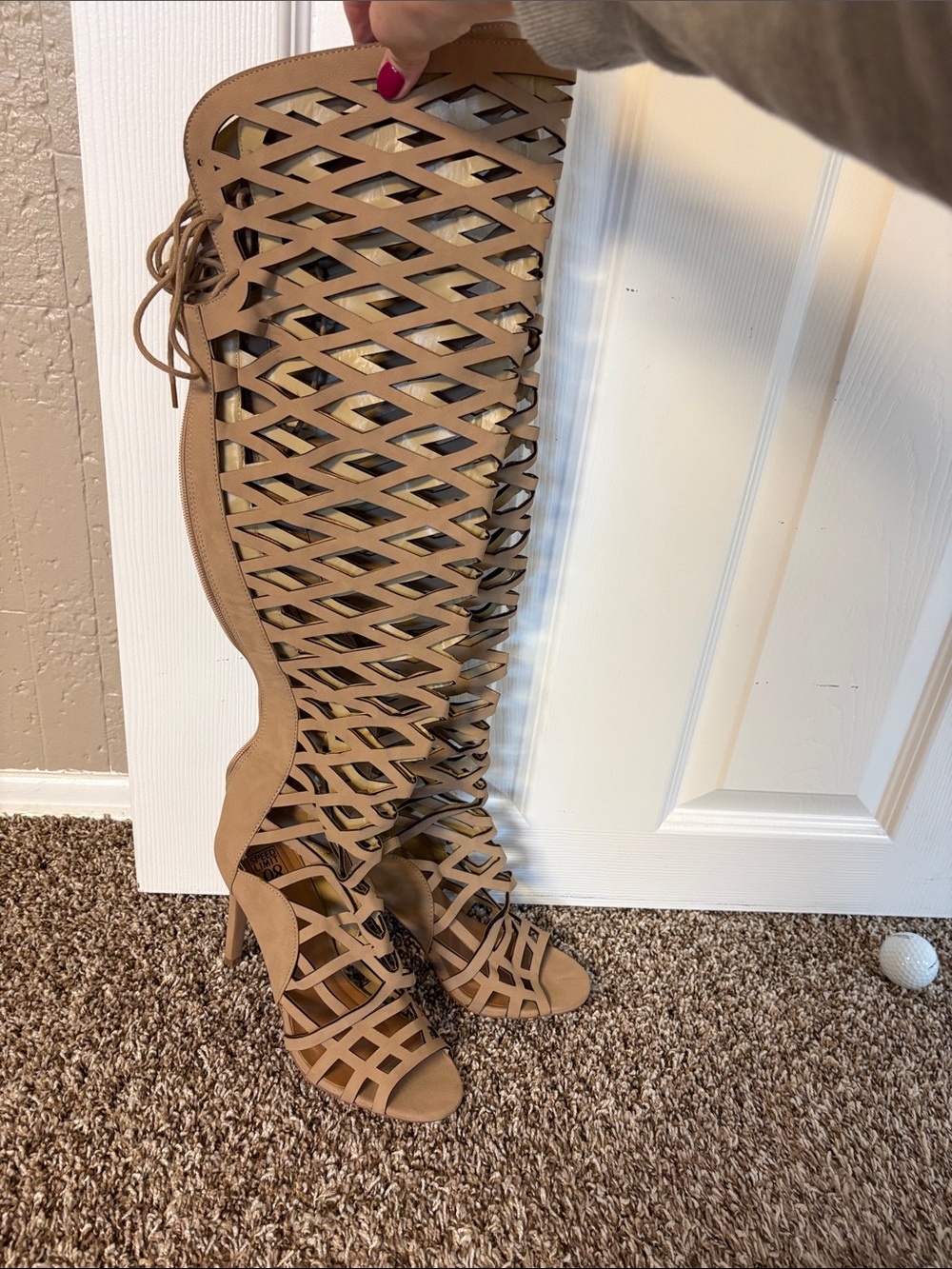 Tall Tan Lattice Gladiator Heels - Women's Fashion Sandals